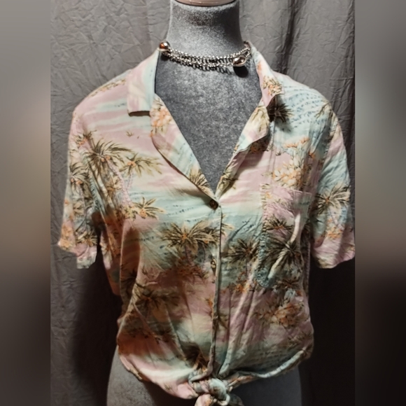 American Eagle Outfitters Pink and Green Short Sleeve Button Down Shirt - Picture 1 of 3
